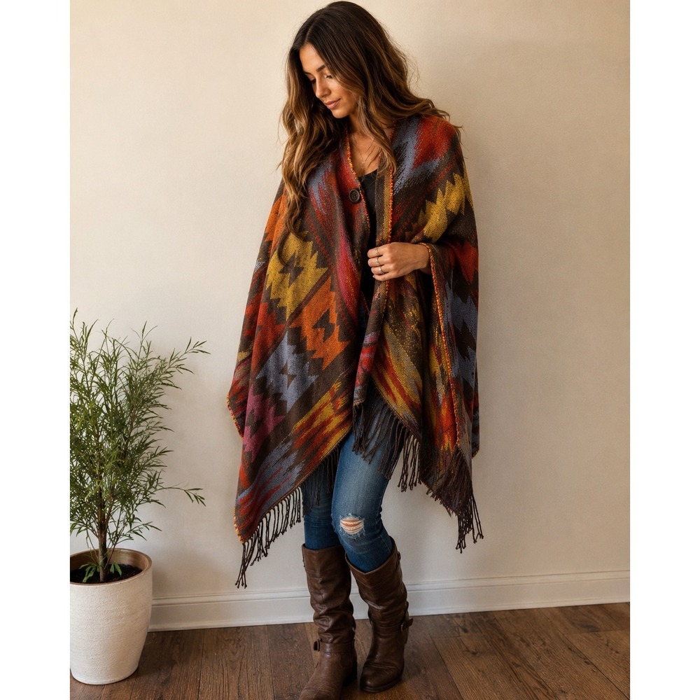 EUTY Poncho Hooded Aztec Tribal Southwestern Women OS Multicolor Excellent
